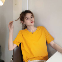 SUNTEK短款T恤女夏装心机小众设计感2022新款韩国学生高腰露脐短袖上衣(XL 黃色【307#】)