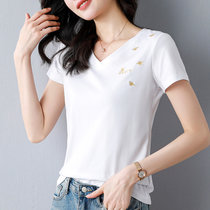 白色v领短袖t恤女夏季女装2022年新款宽松纯棉半袖妈妈体恤衫(白色 L)