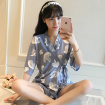 韩版学生睡衣女夏季短袖纯棉甜美可爱日系和服宽松家居服套装清新(蓝色 XL)