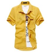 漫路2013新款夏季夏装男士修身百搭素面六色口袋贴皮款 短袖衬衣 男士衬衫(黄色 M)