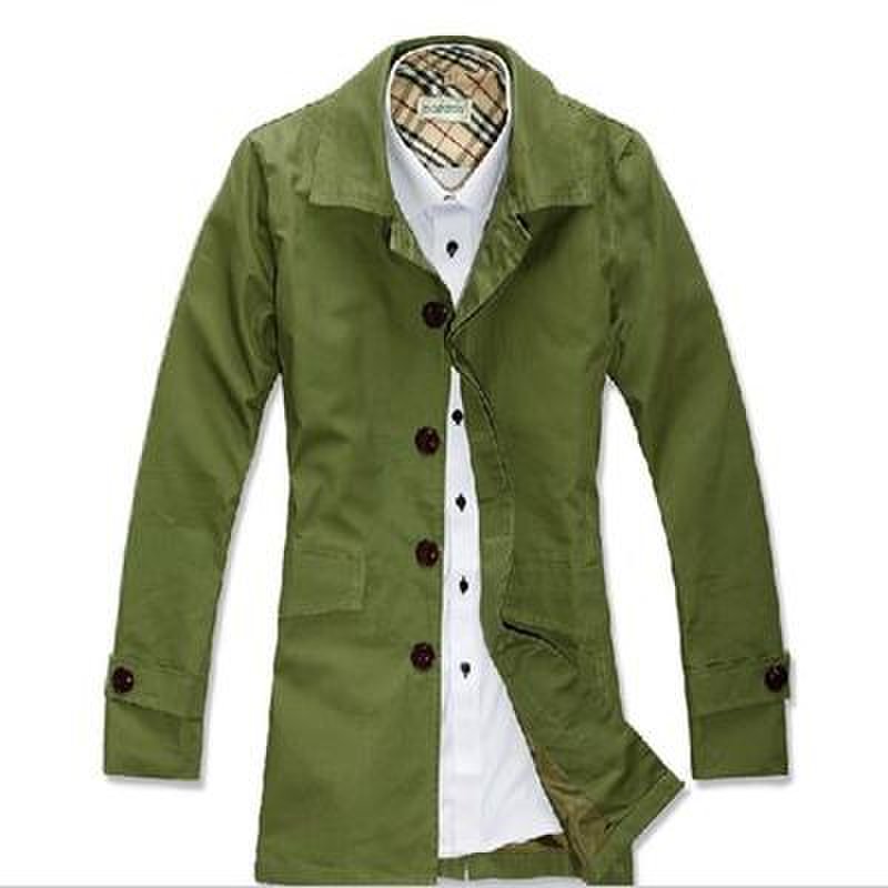 【suck-ii风衣男军绿色170图片】韩版男士单排扣修身长款风衣(军绿色