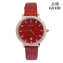 香港古欧GUOU女士手表石英表时尚潮流女款手表学生表皮带表腕表(红色 皮带)
