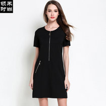领米时尚 2017夏季女装新款欧美高端时尚大码显瘦短袖连衣裙C2681(黑色 5XL)