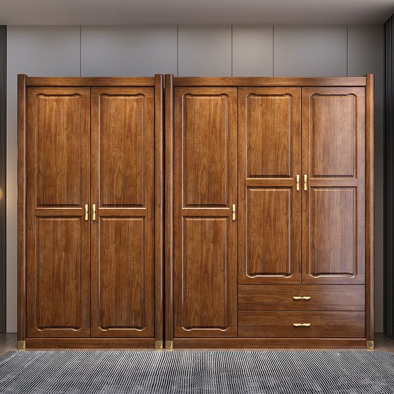 恒兴达黄金梨木实木衣柜现代新中式实木对开门带抽屉衣柜卧室家具黄金