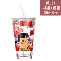 不二家日式牛奶杯 玻璃吸管杯水杯刻度有盖牛奶果汁杯子可爱ins风(大头妹杯+盖+吸管)
