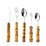 精美竹手柄不锈钢餐具 韩式西餐餐具套装创意刀叉勺(银色 5件套)