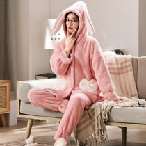 秋冬季女士睡衣甜美长袖开衫毛绒卡通动漫套装家居服(粉红色 XL)