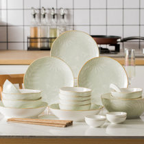 松发瓷器碗具餐具套装荷口边餐具盘子碗筷汤碗28头荷口边餐具套装-绿 环保材质