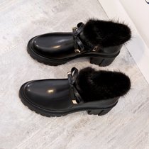 SUNTEK傲麦韩版短靴女2021年新款女靴子加绒高跟鞋子女秋冬季百搭毛毛鞋(38 黑色 毛绒里)