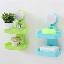 创意双层吸盘肥皂盒浴室吸盘式双层沥水香皂盒 肥皂架(蓝色)