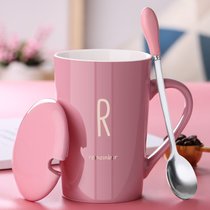 创意早餐杯子陶瓷马克杯带盖勺喝水杯男女生情侣咖啡杯办公室茶杯(粉色款-R)