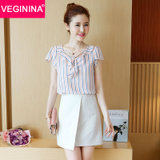 VEGININA 韩版条纹短袖雪纺衫衬衫 3165(粉色 M)