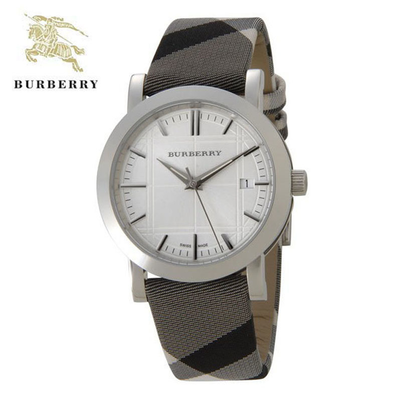 巴宝莉burberry手表女士石英表银色表盘格纹表带风腕表bu1378