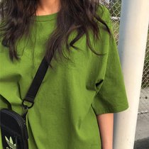 SUNTEK夏季新款小众设计感薄款上衣服别致甜酷宽松白色ins短袖T恤女装潮(M 纯色-牛油果绿色)