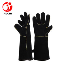 手套黑色牛皮劳保作业手套园艺防护长款手套户外烧烤手套电焊手套(黑色（35*14.5cm） 默认版本)