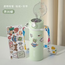 弹跳盖保温杯女简约清新水杯子304瓶男学生大容量可爱少女便携ins(芥川绿【吸管款】【送背带+贴纸】)