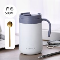咖啡保温杯女可爱带把手柄不锈钢水杯家用办公室大容量杯子男带盖(大号白色+勺子)