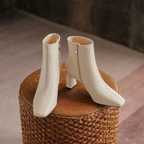 SUNTEK一代佳人靴子女2021秋冬新款高跟鞋粗跟气质加绒时尚短靴妈妈女鞋(38 米白 7CM)