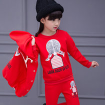 花样童依童装2017新款儿童冬季运动套装女童中大童大卫衣三件套装加绒加厚(红色 160CM)