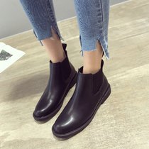 短靴2017秋季女靴子 韩版时尚侧松紧切尔西靴子 百搭圆头黑色短靴(39)(黑色)