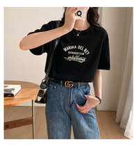 短袖T恤女2022夏季新款韩版字母印花圆领宽松休闲上衣女体恤衫1095(黑色 XL)