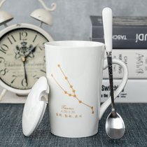 陶瓷马克杯子创意个性带盖勺潮流情侣喝水杯家用咖啡杯男女茶杯(金牛座+专属勺（白））)
