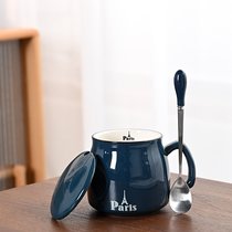 陶瓷杯子马克杯带盖勺创意情侣早餐杯男女水杯牛奶杯家用咖啡杯(深蓝早餐杯+专属勺+盖子)