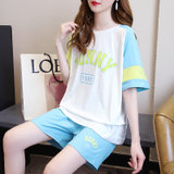 【灵薇雅】韩版夏季棉质字母拼色T恤短袖短裤休闲跑步两件套装-gk1226(蓝色 M)