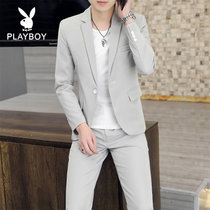 西服套装男士青年两件套纯色薄款西装外套韩版潮流成熟发型师一套  KLGG2201衣服+裤子(PB-KLGG2201衣服 裤子灰色 2XL)