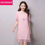 VEGININA 宽松显瘦蕾丝棉麻短袖连衣裙 3042(粉红色 S)