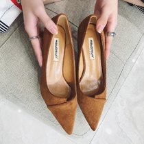 高跟鞋绒面尖头鞋2017秋季新款韩版气质细跟女鞋OL时尚浅口猫跟鞋(39)(浅棕色)