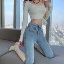 年春秋季设计感女士高腰弹力显瘦紧身浅色小脚铅笔牛仔裤(6639【浅蓝色】 M)