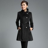 韩版新款通勤淑女修身立领单排扣时尚高雅腰带毛呢大衣 黑色   XL