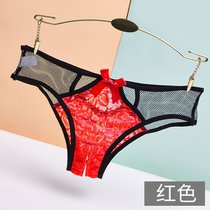 SUNTEK内裤女士低腰无痕蕾丝性感迷人镂空可爱少女蝴蝶结开裆丁字裤(均码 876红色)
