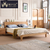 恒兴达 白橡木床全实木双人床简约北欧卧室家具 大板直拼 纯实木 无贴皮(1.8*2米原木色 床+床头柜*1)