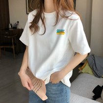 SUNTEK2022早春新款白色短袖T恤女夏季ins超火内搭小众设计感上衣服(M 96-115斤 纯棉短袖【五色小涂鸦】)