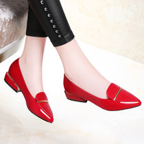 新款春秋新款平底单鞋女尖头套脚漆皮红色婚鞋皮鞋女鞋子8893(红色 35)