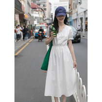 法式白色连衣裙女夏季小众设计裙子质感v领小个子长款长裙(杏色 XL)