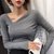 MISS LISA斜领上衣修身显瘦性感设计感锁骨v领t恤j6189(深灰色 S)
