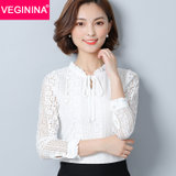 VEGININA 韩版女装镂空纯色上衣长袖打底衫 D6116(白色 L)
