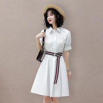 连衣裙女中长款2021新款夏季韩版修身时尚收腰气质休闲衬衫裙(白色 XXL)