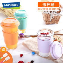 韩国Glasslock原装进口玻璃办公家用带把手带盖情侣儿童茶水牛奶杯(紫罗兰380ml无把手)