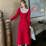 MISS LISA法式复古茶歇长款针织裙红色长袖气质连衣裙C157(红色 S)