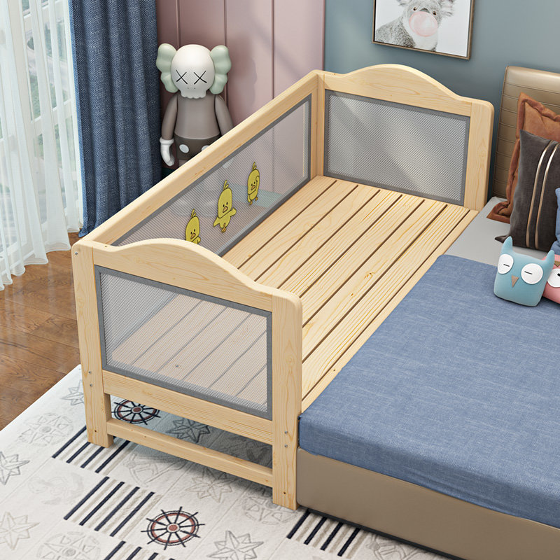 实木儿童床带护栏加高网布床边床加宽婴儿延边床小床拼接大床神器三面