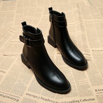 SUNTEK小短靴女2021年秋冬季新款平底加绒女鞋女靴子冬款尖头洋气马丁靴(40 黑色（厚绒）)
