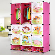 索尔诺 卡通衣柜简易儿童组合衣柜宝宝衣橱婴儿衣物树脂收纳柜(粉色12门2挂带鞋架 A5212)