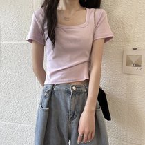 SUNTEK方领t恤短袖2022新款女装夏季纯色短款修身上衣服辣妹风ins潮(L 100-120斤 浅紫色 短袖)