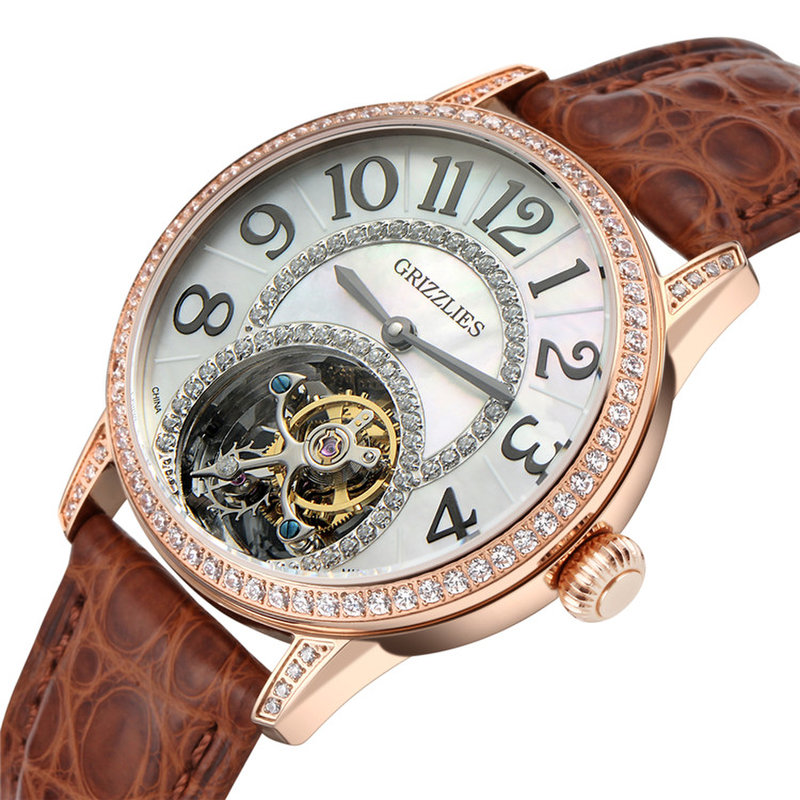 gt-05mh图片】grizzlies灰熊 陀飞轮手动机械表 镂空背透防水女士手表