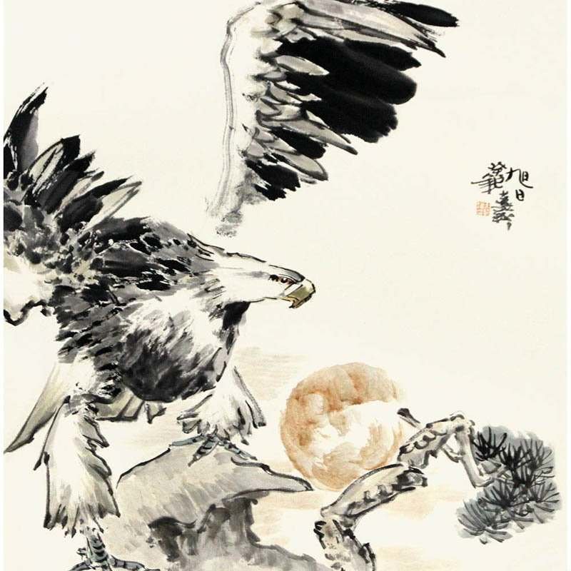 国画王远翔旭日国画花鸟画水墨写意鹰斗方返回商品页