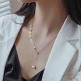 福相似 法式杂志款凤尾珍珠锁骨项链钛钢18k金珍珠项链(金色)